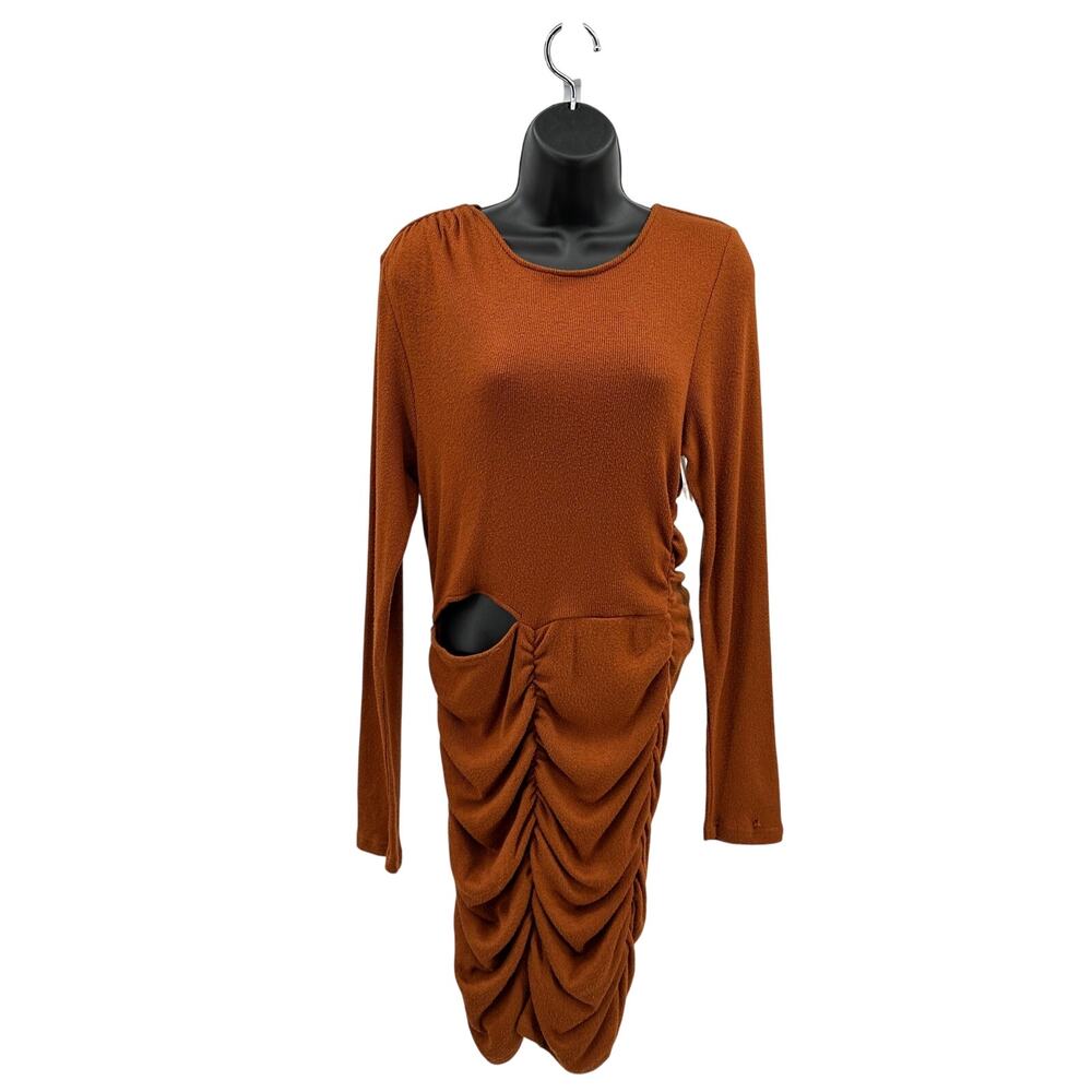 Walter Baker Ruched Cutout Ribbed-Knit Mini Dress WMN L Brown #W6596 Long Sleeve